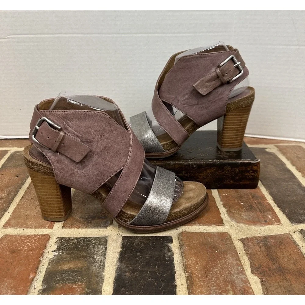 Sofft Christine Stacked Heel Sandals Women's 9‎ Leather Brown Silver Strappy